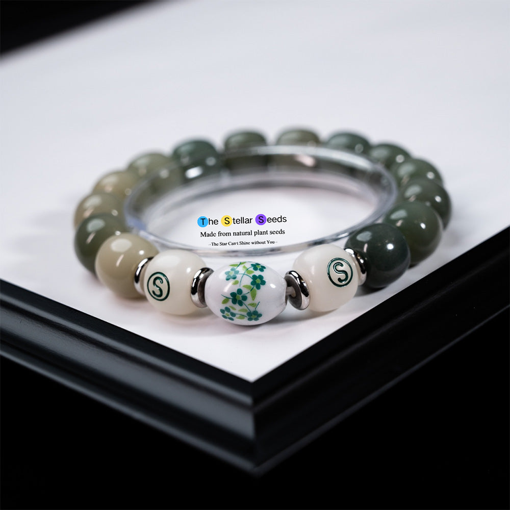 Green Bodhi Seeds Spiritual Bracelets with Floral Bead - The Stellar Seeds