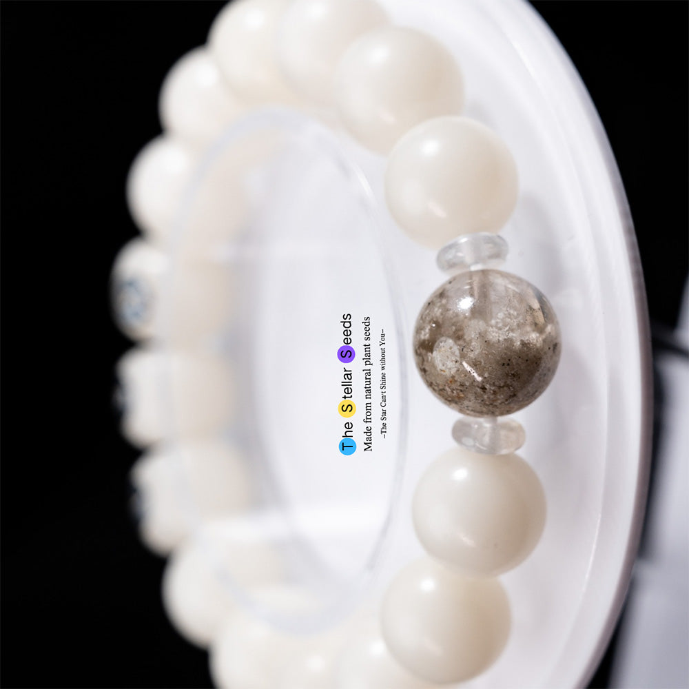 White Bodhi Seed Mala with Phantom Crystal – Healing Bead Bracelet - The Stellar Seeds