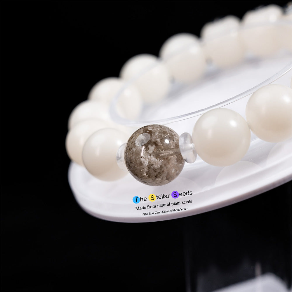 White Bodhi Seed Mala with Phantom Crystal – Healing Bead Bracelet - The Stellar Seeds