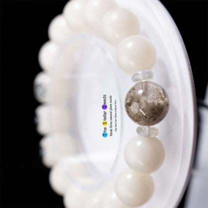 White Bodhi Seed Mala with Phantom Crystal – Healing Bead Bracelet - The Stellar Seeds