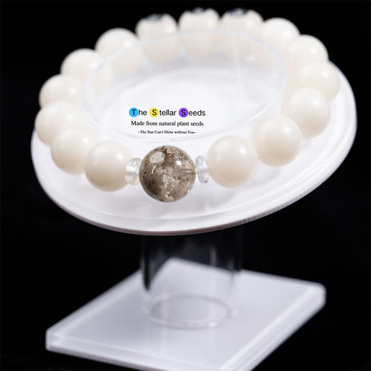 White Bodhi Seed Mala with Phantom Crystal – Healing Bead Bracelet - The Stellar Seeds